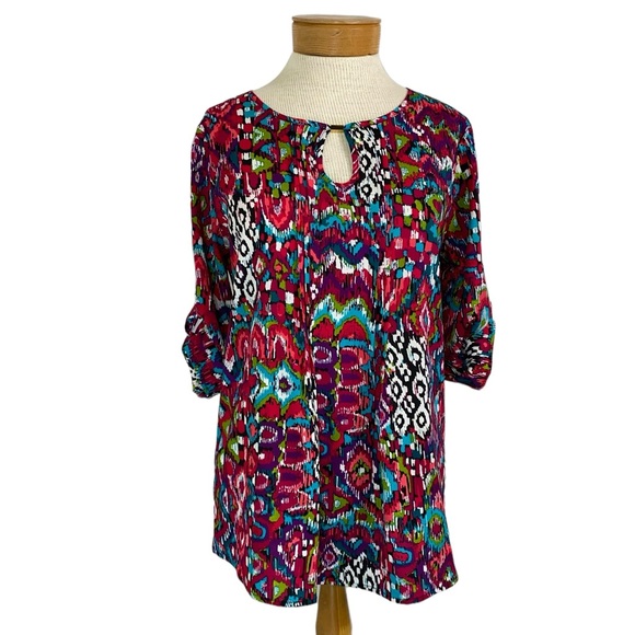 Emma K Sz S Multicolored Keyhole Camp Sleeve Top - Picture 1 of 7